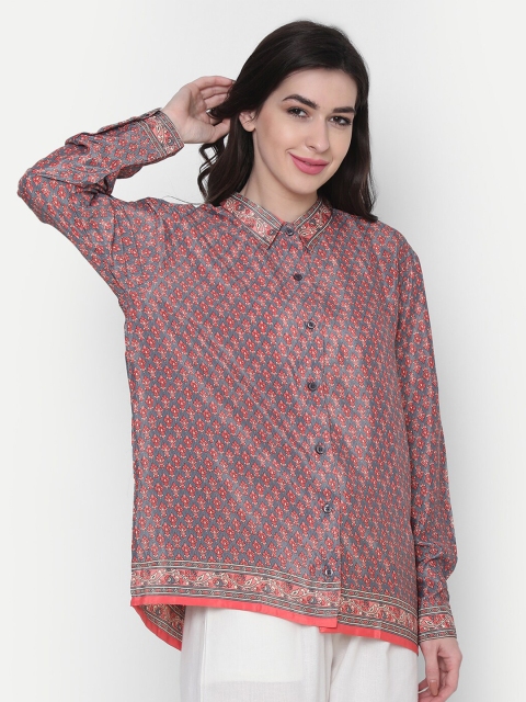 

HOUSE OF KARI Coral & Grey Shirt Collar Printed Tunic