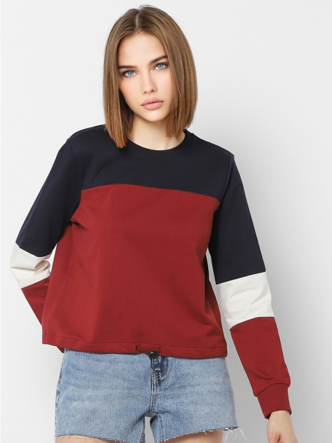 

ONLY Women Red & Navy Blue Colourblocked Cotton Sweatshirt