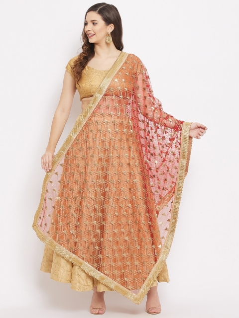 

Clora Creation Red & Gold-Toned Ethnic Motifs Embroidered Dupatta with Sequinned