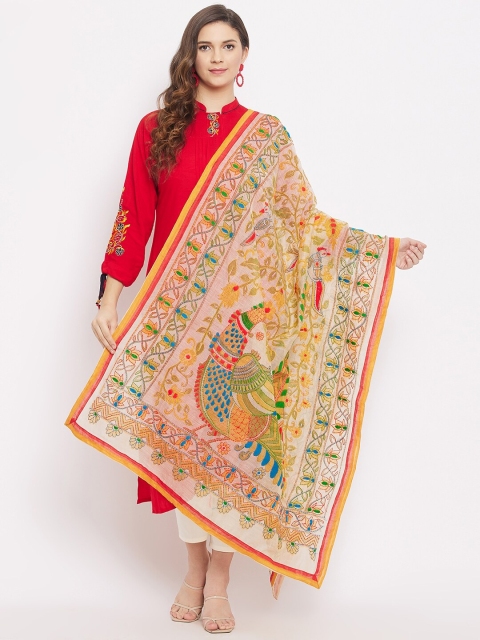 

Clora Creation Multicoloured Ethnic Motifs Embroidered Dupatta with Kantha Work, Multi