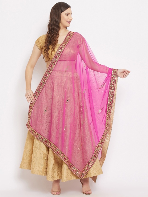 

Clora Creation Magenta & Gold-Toned Ethnic Motifs Embroidered Net Dupatta with Sequinned