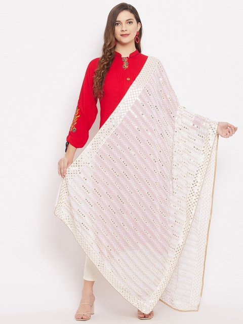 

Clora Creation Off White & Gold-Toned Ethnic Motifs Embroidered Dupatta with Sequinned