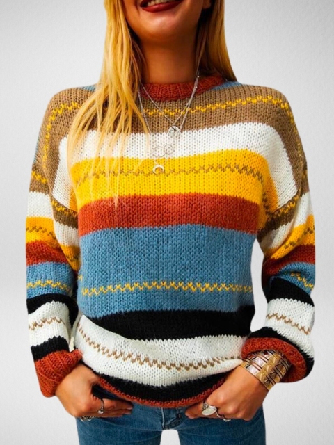 

BelleRUE Women Yellow & Blue Colourblocked Striped Pullover