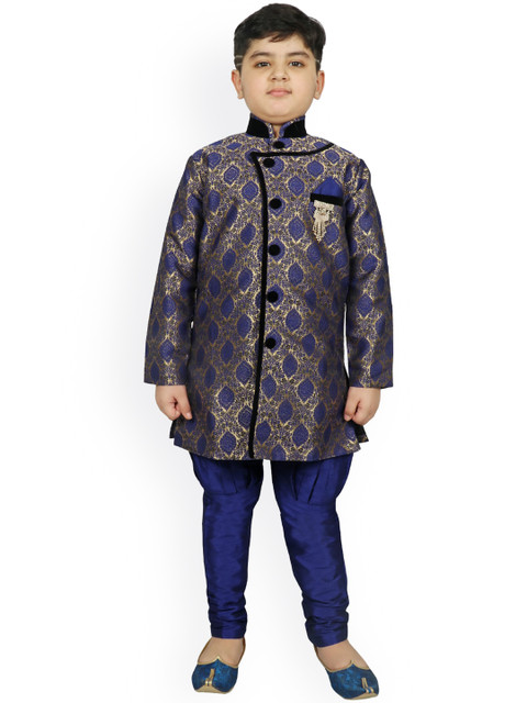 

SG YUVRAJ Boys Navy Blue & Gold-Coloured Self Design Sherwani Set