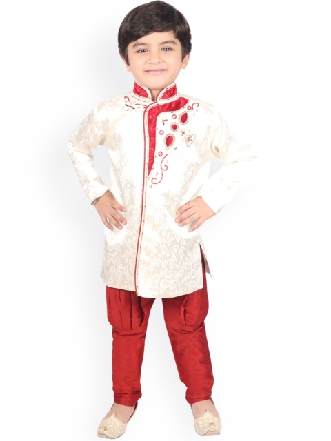 

SG YUVRAJ Boys Cream-Coloured & Red Sherwani Set