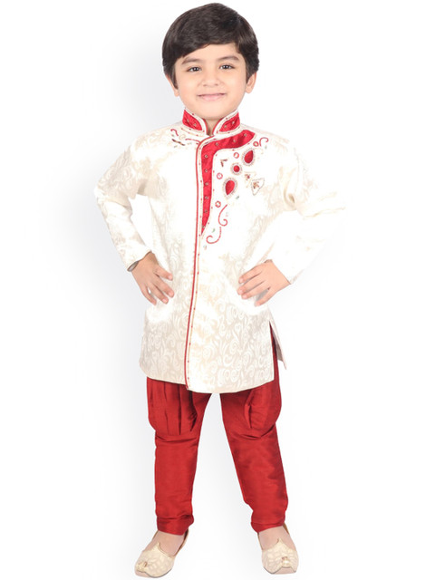 

SG YUVRAJ Boys Cream & Red Embellished Sherwani