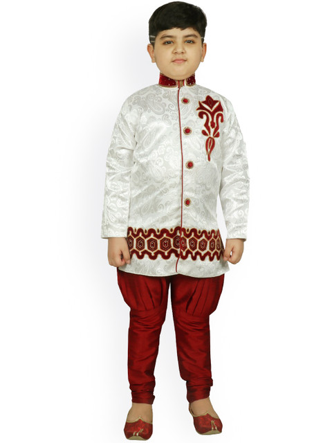 

SG YUVRAJ Boys Cream-Colored & Maroon Self Design Sherwani Set