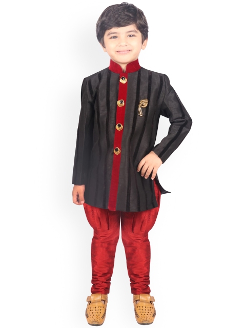 

SG YUVRAJ Boys Black & Maroon Silk Blend Sherwani Set