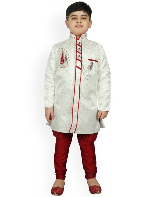 

SG YUVRAJ Boys Cream & Maroon Embellished Silk Blend Sherwani