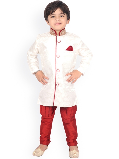 

SG YUVRAJ Boys Cream & Red Woven Design Sherwani Set