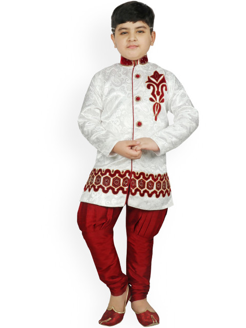 

SG YUVRAJ Boys White & Red Self Design Sherwani Set