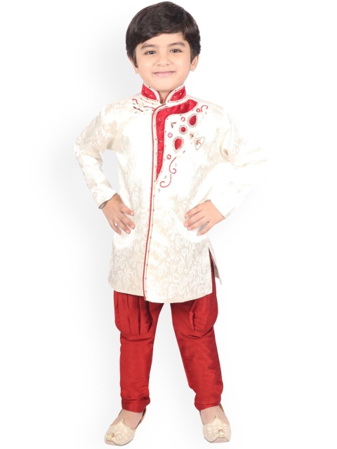 

SG YUVRAJ Boys Cream-Coloured & Red Embroidered Sherwani Set