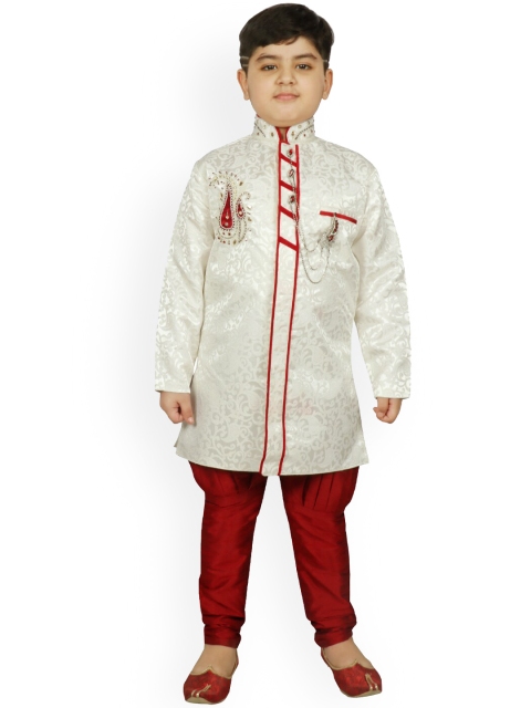 

SG YUVRAJ Boys Beige & Red Embroidered Sherwani Set