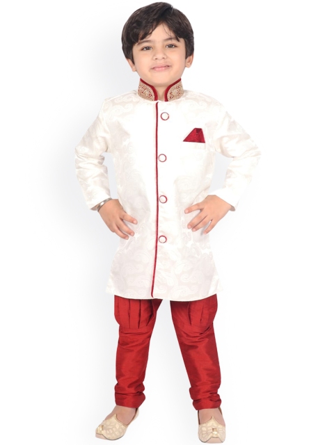 

SG YUVRAJ Boys Cream-Coloured & Red Printed Silk Sherwani Set
