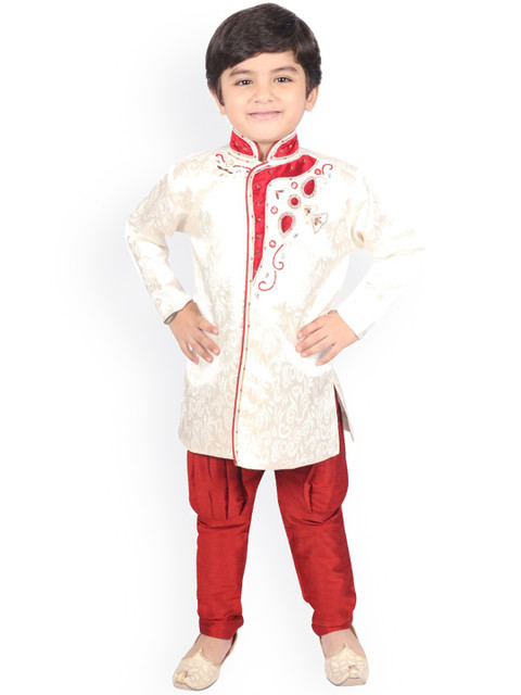 

SG YUVRAJ Boys Cream-Coloured & Red Printed Sherwani Set