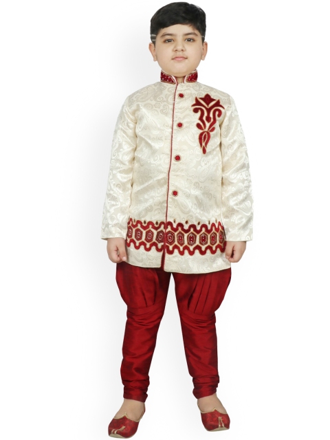 

SG YUVRAJ Boys Beige & Red Embroidered Sherwani Set