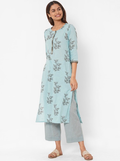

KAMI KUBI Woman Blue Floral Printed Pure Cotton Kurta with Trousers