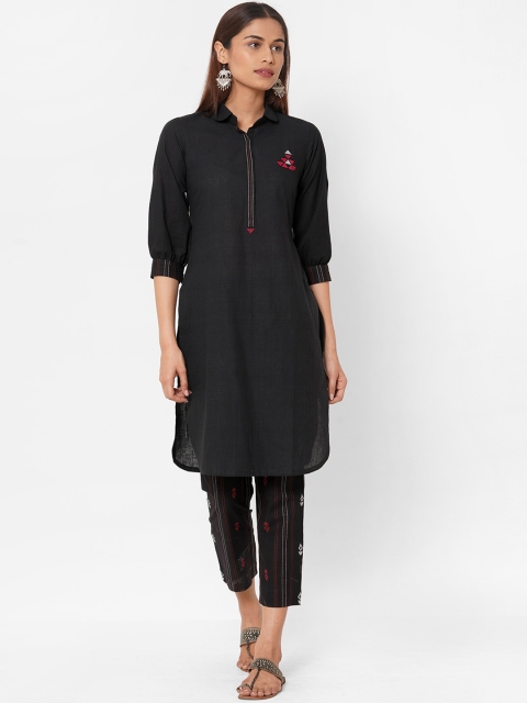 

KAMI KUBI Women Black Solid Thread Work Pure Cotton Kurta With Trousers