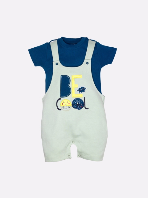 

BABY GO Boys Green & Blue Graphic Printed Pure Cotton Dungarees With T-Shirt