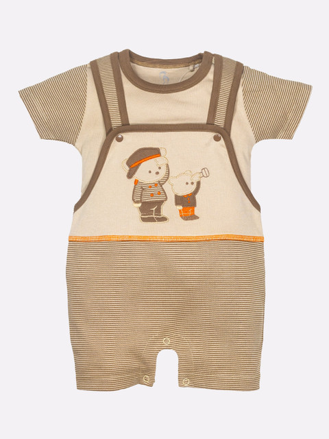 

BABY GO Boys Beige & Brown Graphic Printed Pure Cotton Dungarees With T-shirt