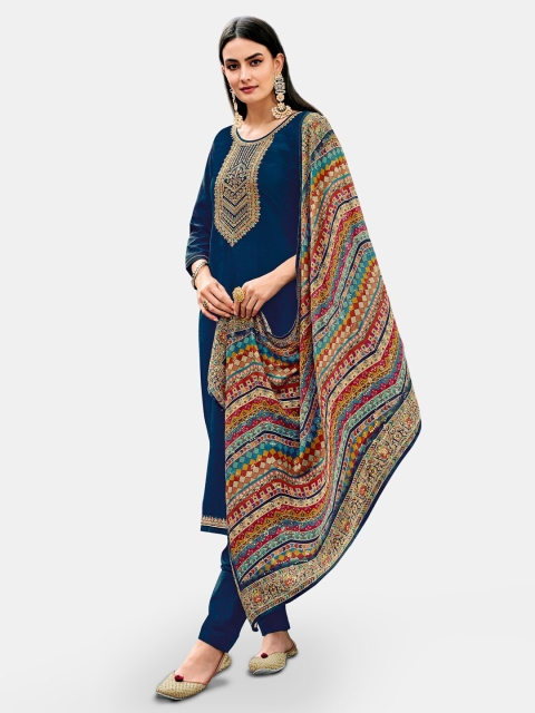 

Kvsfab Blue & Gold-Toned Embroidered Pure Silk Unstitched Dress Material