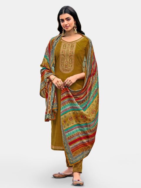 

Kvsfab Olive Green & Blue Embroidered Pure Silk Unstitched Dress Material