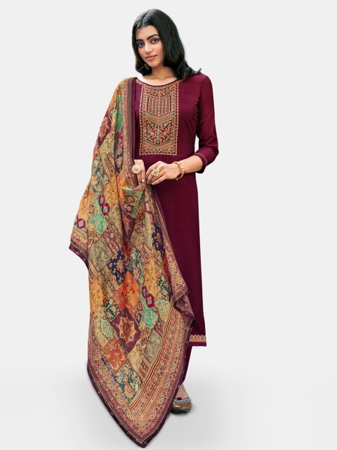 

Kvsfab Maroon Embroidered Pure Silk Unstitched Dress Material