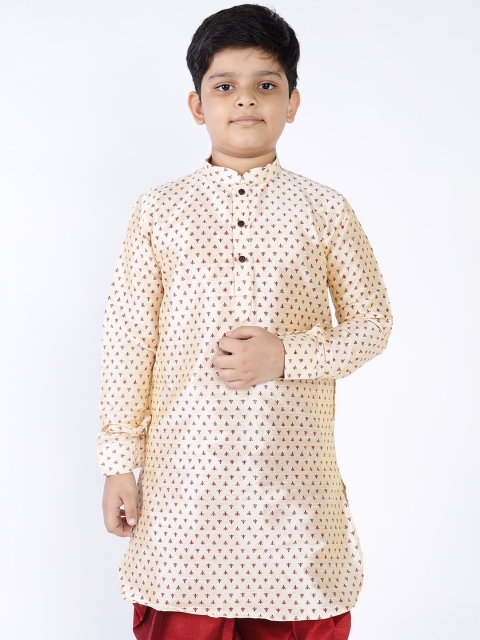 

NAMASKAR Boys Cream-Coloured & Red Ethnic Motifs Printed Dupion Silk Kurta