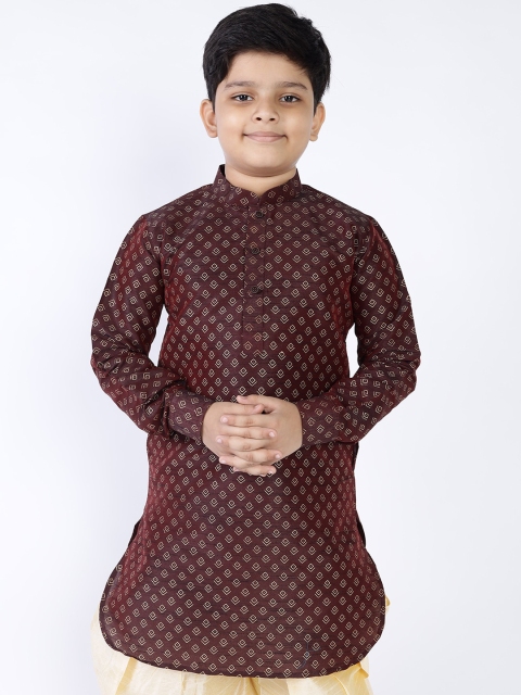 

NAMASKAR Boys Brown & Gold-Toned Geometric Printed Dupion Silk Kurta