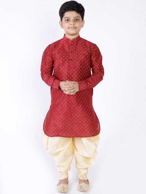 

NAMASKAR Boys Maroon & Gold-Toned Geometric Printed Dupion Silk Kurta