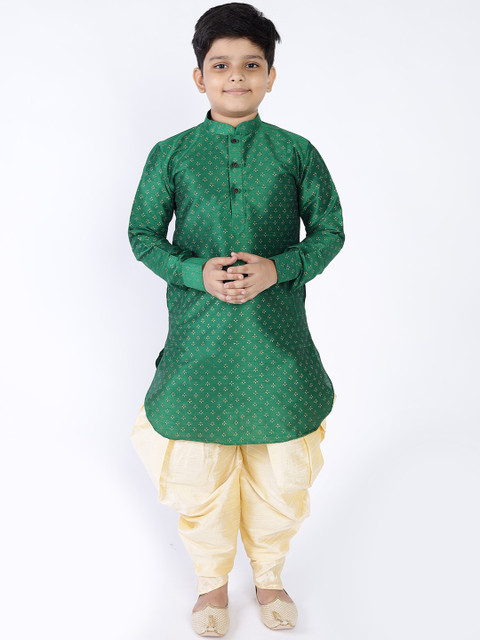 

NAMASKAR Boys Green & Gold-Toned Geometric Printed Dupion Silk Kurta