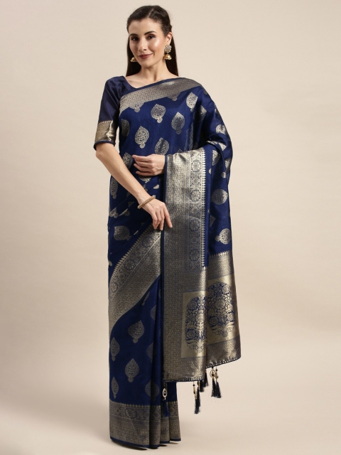 

Amrutam Fab Navy Blue & Gold-Toned Ethnic Motifs Zari Silk Blend Banarasi Saree