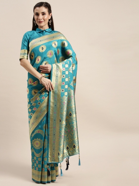 

Amrutam Fab Teal & Gold Ethnic Motifs Zari Silk Blend Banarasi Saree