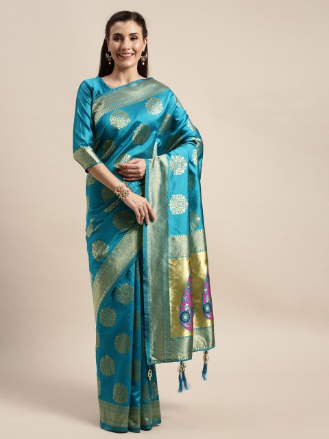 

Amrutam Fab Blue & Green Woven Design Silk Blend Banarasi Saree