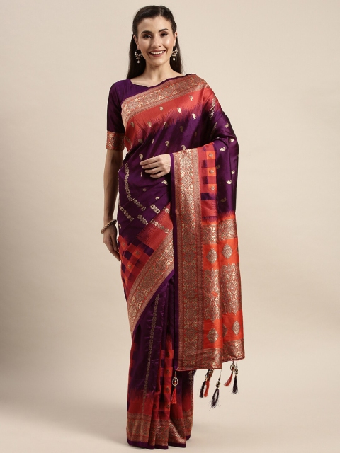 

Amrutam Fab Purple & Red Paisley Zari Silk Blend Banarasi Saree