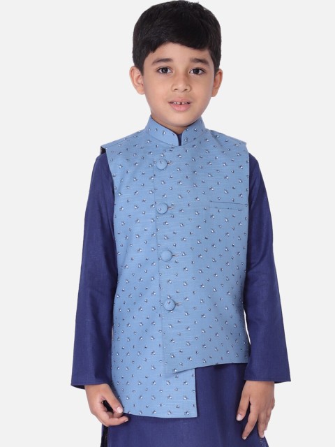 

TABARD Boys Blue & White Printed Pure Cotton Nehru Jacket
