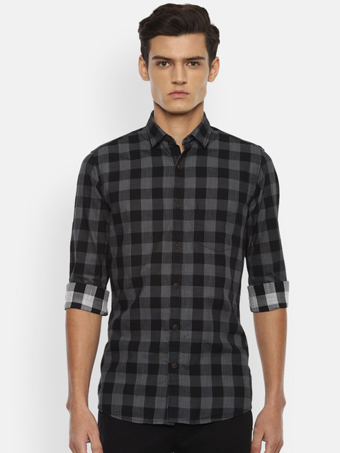 

VAN HEUSEN DENIM LABS Men Grey Slim Fit Buffalo Checked Pure Cotton Casual Shirt