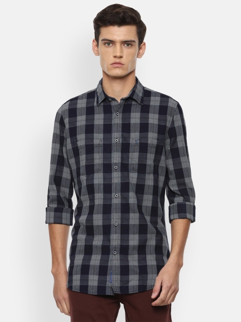 

VAN HEUSEN DENIM LABS Men Navy Blue Slim Fit Buffalo Checks Checked Casual Shirt
