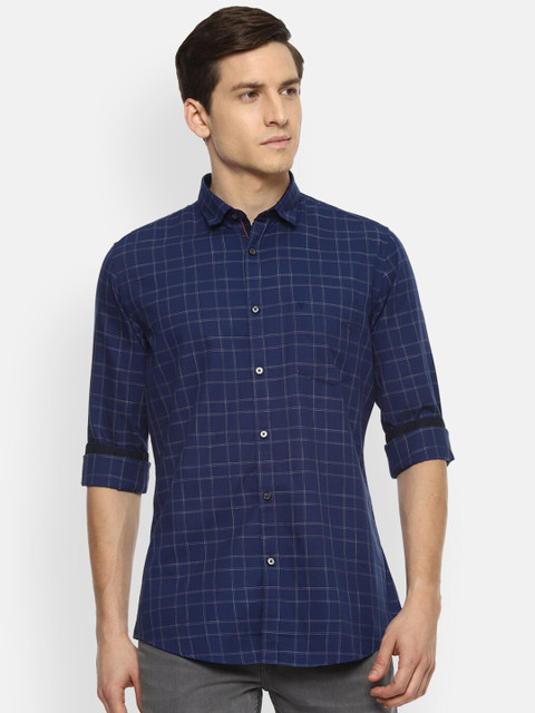

Van Heusen Sport Men Navy Blue Slim Fit Grid Tattersall Checks Checked Casual Shirt
