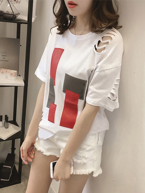 

BelleRUE Women White Striped V-Neck Extended Sleeves Cut Outs T-shirt