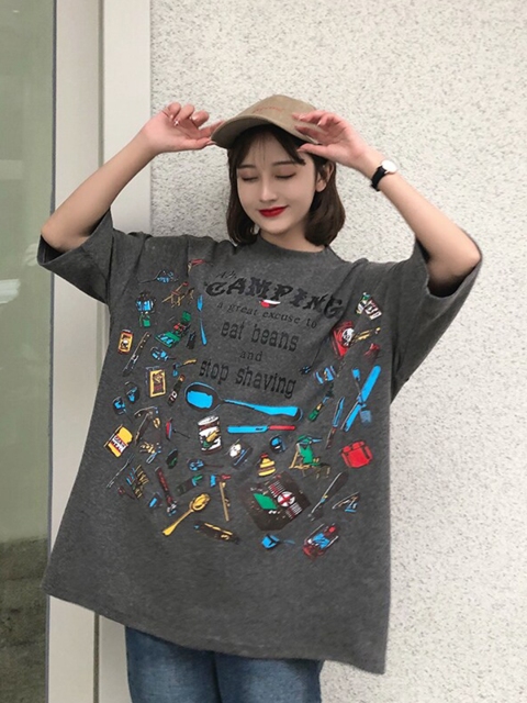

BelleRUE Women Grey Printed Extended Sleeves Raw Edge T-shirt