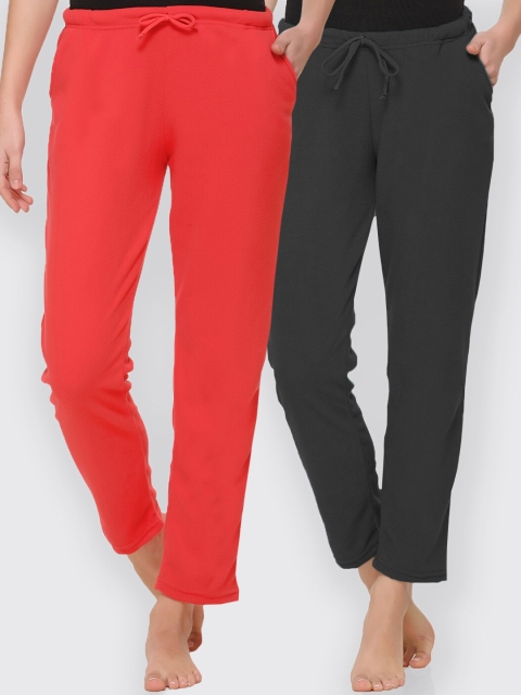 

Kanvin Women Pack Of 2 Solid Lounge Pants, Red