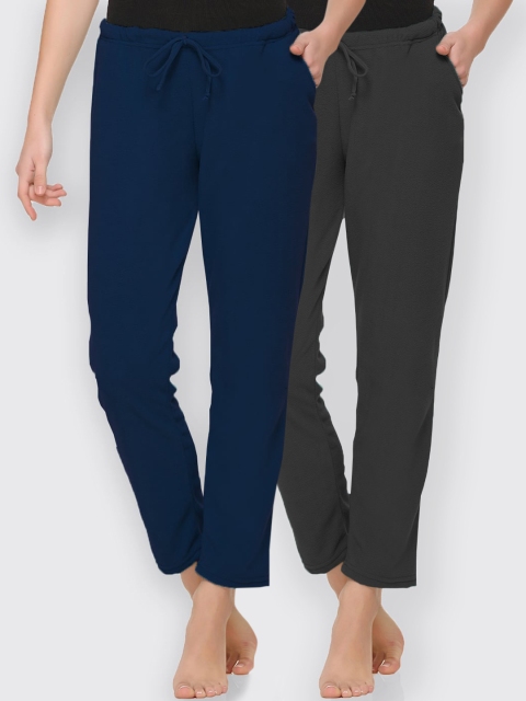 

Kanvin Women Pack Of 2 Charcoal Grey & Navy Blue Solid Lounge Pants