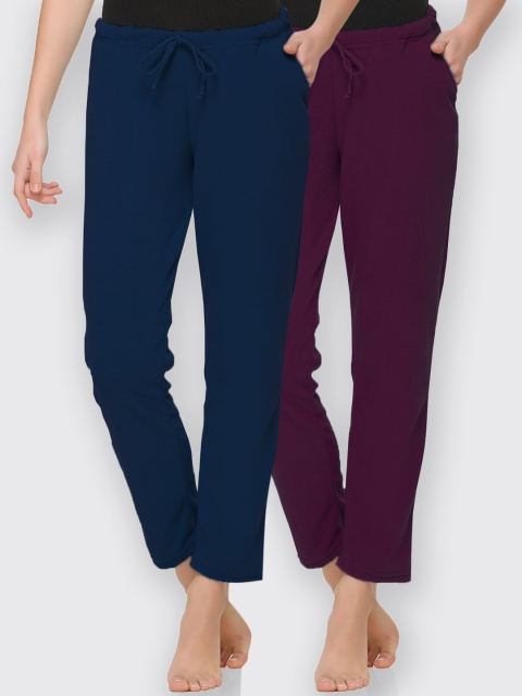 

Kanvin Women Pack Of 2 Solid Lounge Pants, Navy blue