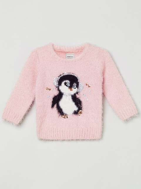 

max Girls Peach-Coloured & Black Pullover with Fuzzy Detail