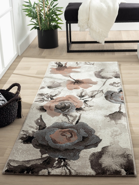 

OBSESSIONS Taupe & Cream-Coloured Floral Bedside Runner