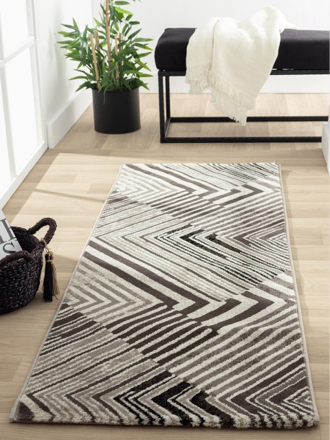 

OBSESSIONS Grey & Cream-Coloured Chevron Print Floor Runner