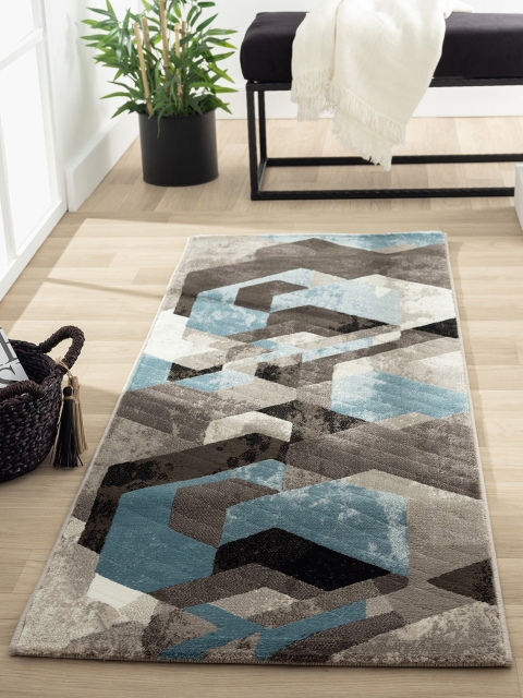 

OBSESSIONS Grey and Teal Geometric Floor Runner