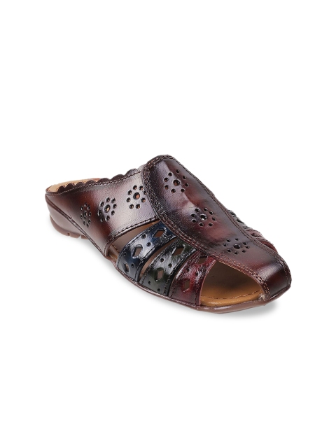

Mochi Women Brown Textured Leather Mules with Laser Cuts Flats