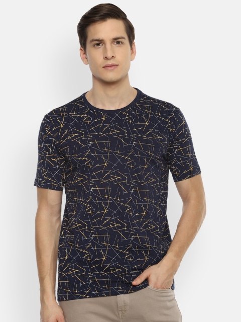 

VAN HEUSEN DENIM LABS Men Navy Blue & Yellow Printed Pure Cotton T-shirt